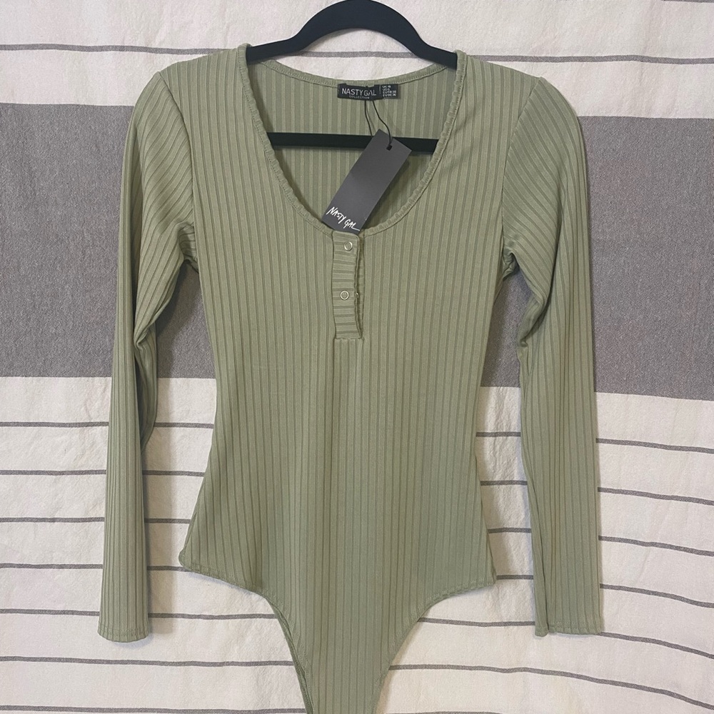 Nasty Gal Collection Ribbed Popper Bodysuit in the color Sage, size 6